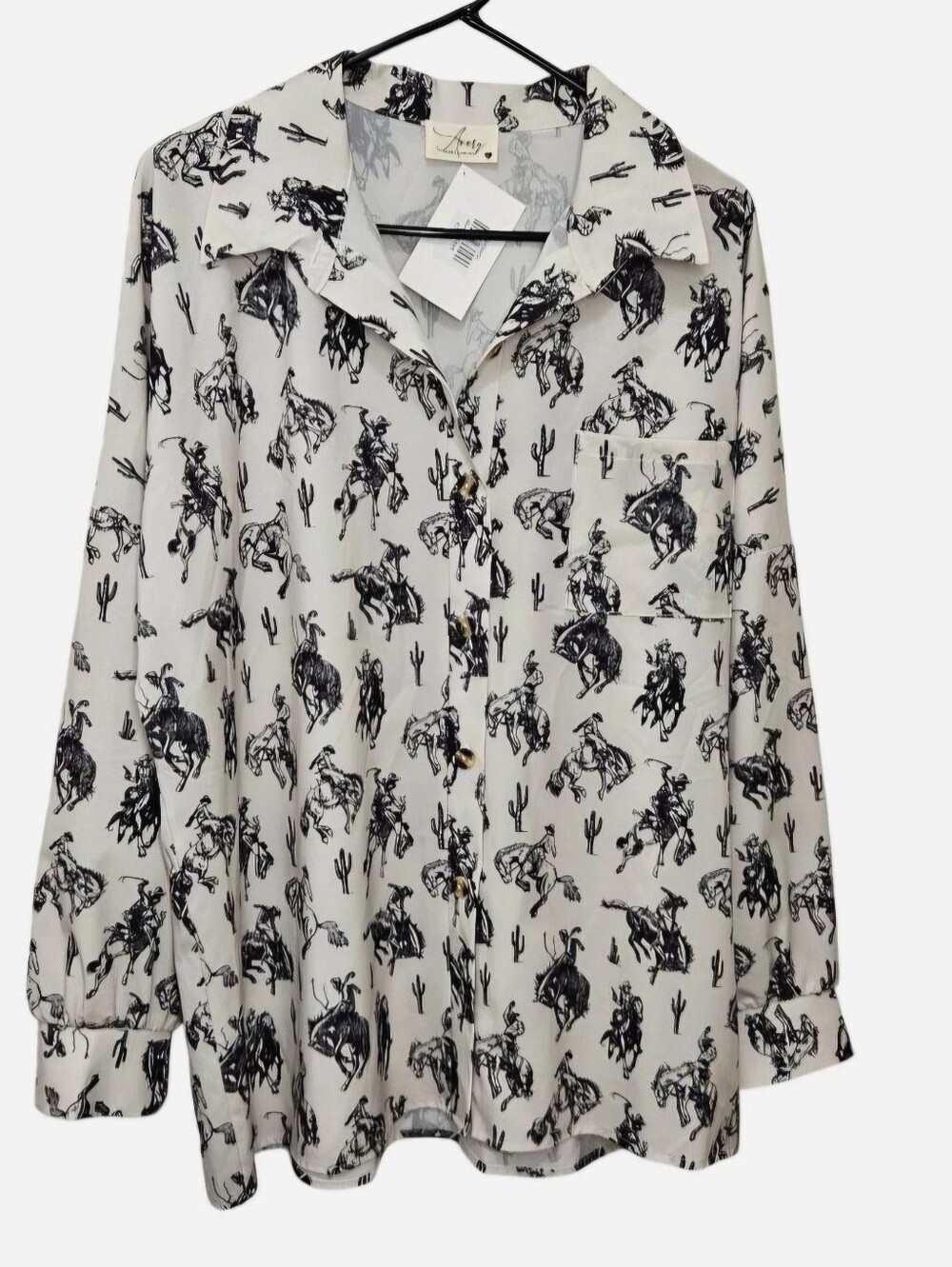 Avery white & black cowboy print button-up shirt cactus & horses Women's Size L